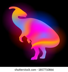 Beautiful colorful illustration with shiny neon colored parasaurolof silhouette on the black background