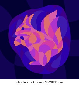 Beautiful colorful illustration with shiny neon colored squirrel silhouette on the dark blue background