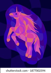 Beautiful colorful illustration with shiny neon colored unicorn silhouette on the dark blue background