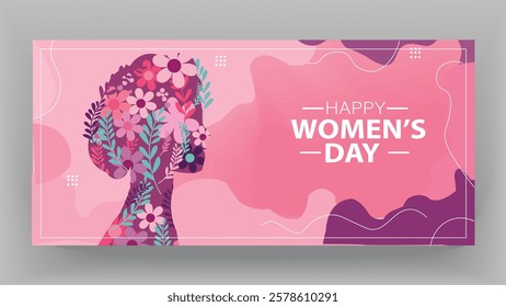 Beautiful and colorful illustration for Women's Day featuring a silhouette of a woman filled with flowers, symbolizing growth, strength, and the celebration of women’s beauty and power.

