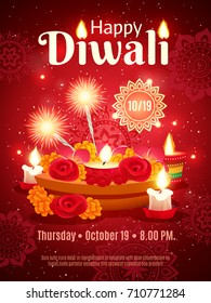 Beautiful colorful invitation poster of traditional indian holiday diwali decorated with ornament and accessories for festival realistic vector illustration 