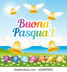 Beautiful and colorful italian Happy Easter greeting card I with easter eggs and bells. 