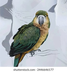 Beautiful Colorful Kakapo Parrot Vector Illustration on a Plan White Background, The kakapo is a nocturnal, flightless parrot, Wild endemic flightless Kakapo Parrot Endemic to New Zealand, Owl Parrot