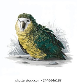 Beautiful Colorful Kakapo Parrot Vector Illustration on a Plan White Background, The kakapo is a nocturnal, flightless parrot, Wild endemic flightless Kakapo Parrot Endemic to New Zealand, Owl Parrot