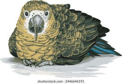 Beautiful Colorful Kakapo Parrot Vector Illustration on a Plan White Background, The kakapo is a nocturnal, flightless parrot, Wild endemic flightless Kakapo Parrot Endemic to New Zealand, Owl Parrot