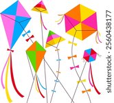 Beautiful colorful kites in the sky. Happy kites of various shapes and colors fly in the sky. Isolated in white background. Vector illustration