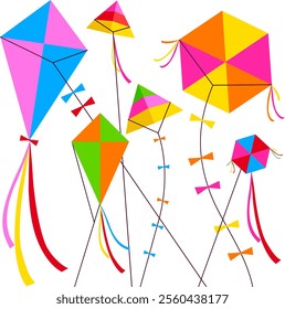 Beautiful colorful kites in the sky. Happy kites of various shapes and colors fly in the sky. Isolated in white background. Vector illustration