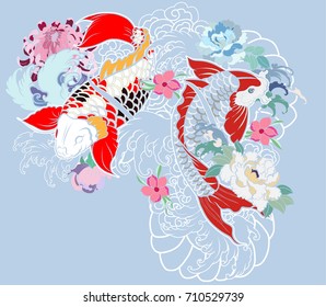 Beautiful, colorful Koi carp with water splash, lotus and peony flower. Traditional Japanese tattoo design.