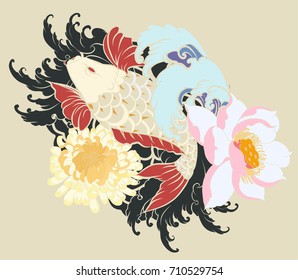 Beautiful, colorful Koi carp with water splash, lotus and peony flower. Traditional Japanese tattoo design.