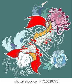 Beautiful, colorful Koi carp with water splash, lotus and peony flower. Traditional Japanese tattoo design.