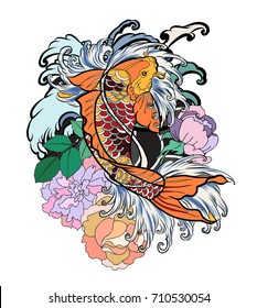 Beautiful, colorful Koi carp with water splash, lotus and peony flower. Traditional Japanese tattoo design.