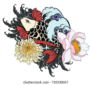 Beautiful, colorful Koi carp with water splash, lotus and peony flower. Traditional Japanese tattoo design.