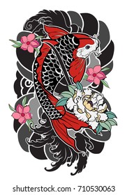 Beautiful, colorful Koi carp with water splash, lotus and peony flower. Traditional Japanese tattoo design.