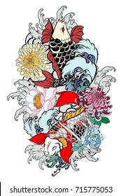 Hermosa y colorida carpa de Koi con salpicaduras de agua, loto y flores de peón. Diseño tradicional japonés de tatuajes.