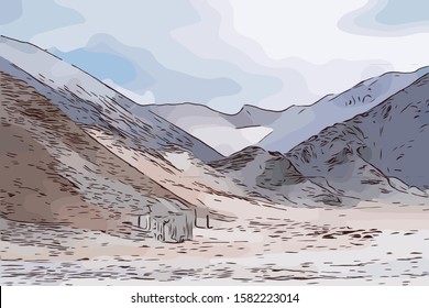 Beautiful colorful landscape illustration. fashion pattern for Silk scarf, decoration for cards, cover of books.