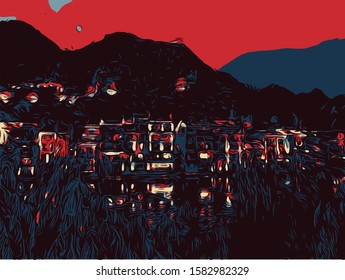 Beautiful colorful landscape illustration. fashion pattern for Silk scarf, decoration for cards, cover of books.