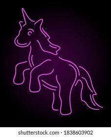 Beautiful colorful linear fantasy illustration with pink illuminated neon unicorn silhouette on the dark background