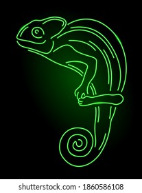 Beautiful colorful linear illustration with green illuminated neon chameleon silhouette on the dark background