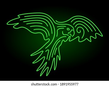 Beautiful colorful linear illustration with green illuminated neon parrot silhouette on the dark background