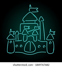 Beautiful colorful linear illustration with illuminated blue neon cartoon medieval castle on the dark background