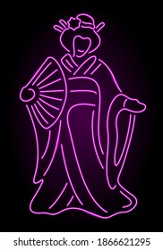 Beautiful colorful linear illustration with pink illuminated neon geisha silhouette on the dark background