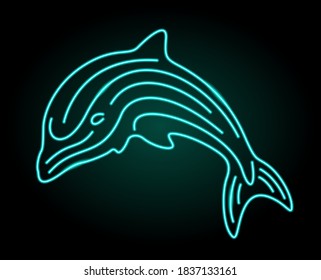 Beautiful colorful linear marine illustration with illuminated neon dolphin silhouettte on the dark background