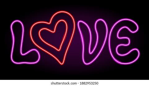 Beautiful colorful linear valentines day illustration with illuminated neon text love and red heart shape on the dark background