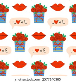 A Beautiful and Colorful Love Pattern Featuring Roses and Lips Design for Various Uses