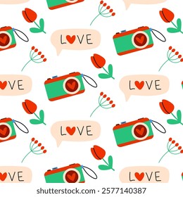 A Beautiful Colorful Love Pattern Featuring Charming Cameras and Stunning Flowers. Seamless pattern for Valentine's Day, vector illustration in modern style.