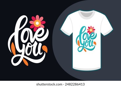 Beautiful colorful Love You typography in calligraphy style on a white background with a round flower in the right corner Perfect for vector illustrations
