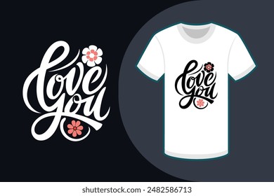 Beautiful colorful Love You typography in calligraphy style on a white background with a round flower in the right corner Perfect for vector illustrations