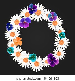 Beautiful colorful love-in-idleness and chamomile wreath on beige background with place for your text or image. Vector illustration for graphic design.