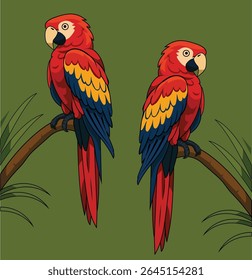 Beautiful colorful macaw digital illustration, Bird digital illustration, vector cartoon image. Coloring book. Kids activity sheet