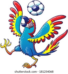 Beautiful colorful macaw opening its wings and raising a leg while enthusiastically bouncing a soccer ball on its head