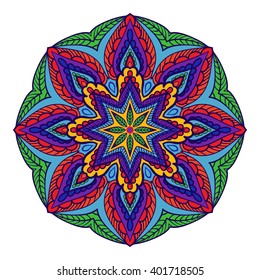 Beautiful colorful mandala with vegetative elements, decorative element with swirls for design of books, printed materials, invitation for a wedding or a celebration, for albums.