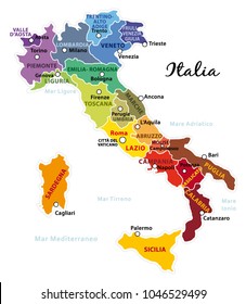 Beautiful and colorful map of Italy with italian regions, capitals nd important cities. Vector illustration IV.