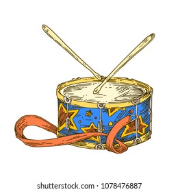 Beautiful  colorful marching drum with drumsticks. Color. Engraving style. Vector illustration.