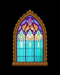Beautiful Colorful Medieval Stained Glass Window. Gothic Architectural Style With Pointed Arch. Architecture In France Churches. Modern Print. Middle Ages In Western Europe. Vector Illustration.