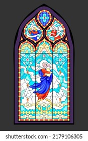 Beautiful colorful medieval stained glass window. Gothic architectural style. Image of angels and Madonna and Child. Architecture in France churches. Middle ages in Western Europe. Vector drawing.