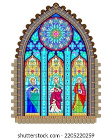 Beautiful colorful medieval stained glass window. Gothic architectural style. Holy scholars with books of knowledge. Architecture in France churches. Middle ages in Western Europe. Vector drawing.