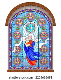 Beautiful colorful medieval stained glass window. Gothic architectural style. Illustration of Madonna and Child. Architecture in France churches. Middle ages in Western Europe. Vector drawing.