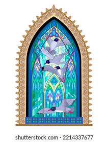 Beautiful colorful medieval stained glass window. Gothic architectural style with pointed arch. Breton sea coast with seagulls. Architecture in France churches. Middle ages in Western Europe.