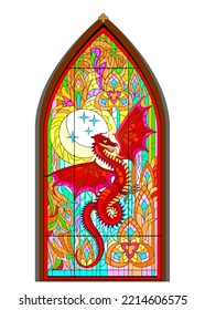 Beautiful colorful medieval stained glass window. Gothic architectural style with pointed arch. Painting of ancient legendary red dragon. French churches architecture. Middle ages in Western Europe.