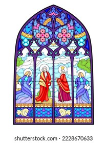 Beautiful colorful medieval stained glass window. Gothic architectural style. Christian decoration with holy Apostles. Architecture in France churches. Middle ages in Western Europe. Vector drawing.