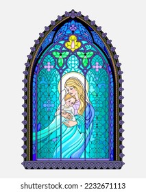 Beautiful colorful medieval stained glass window. Gothic architectural style. Illustration of Madonna and Child. Architecture in France churches. Middle ages in Western Europe. Vector drawing.