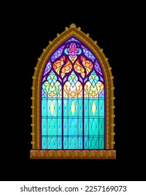 Beautiful colorful medieval stained glass window. Gothic architectural style with pointed arch. Architecture in France churches. Modern print. Middle ages in Western Europe. Vector illustration.