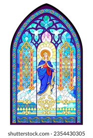 Beautiful colorful medieval stained glass window. Gothic architectural style. Illustration of the virgin. Architecture in France churches. Middle ages in Western Europe. Vector drawing.