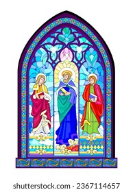 Beautiful colorful medieval stained glass window. Gothic architectural style. Christian decoration with holy Apostles. Architecture in France churches. Middle ages in Western Europe. Vector drawing.