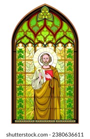 Beautiful colorful medieval stained glass window with holy Apostle Saint Patrick. Gothic architectural style. Christian decoration. Middle ages architecture in Western Europe churches. Vector drawing