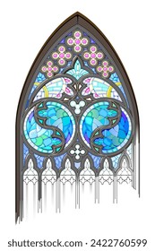 Beautiful colorful medieval stained glass window. Gothic architectural style with pointed arch. Architecture in France churches. Middle ages in Western Europe. Vector illustration.